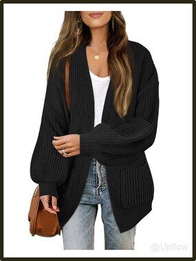 Women's Oversized Black Cardigan Sweater Lantern Sleeve Loose Knit Open Front